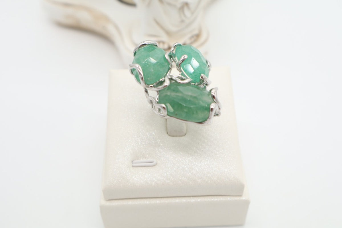 Anello Cocktail Scultoreo in Bronzo Rodiato con Aventurina Verde