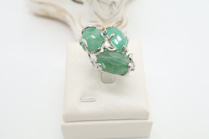 Anello Cocktail Scultoreo in Bronzo Rodiato con Aventurina Verde