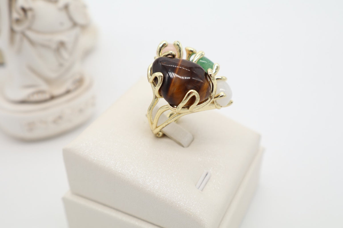 Anello Cocktail in Bronzo Dorato con Occhio di Tigre e Quarzi Multicolor