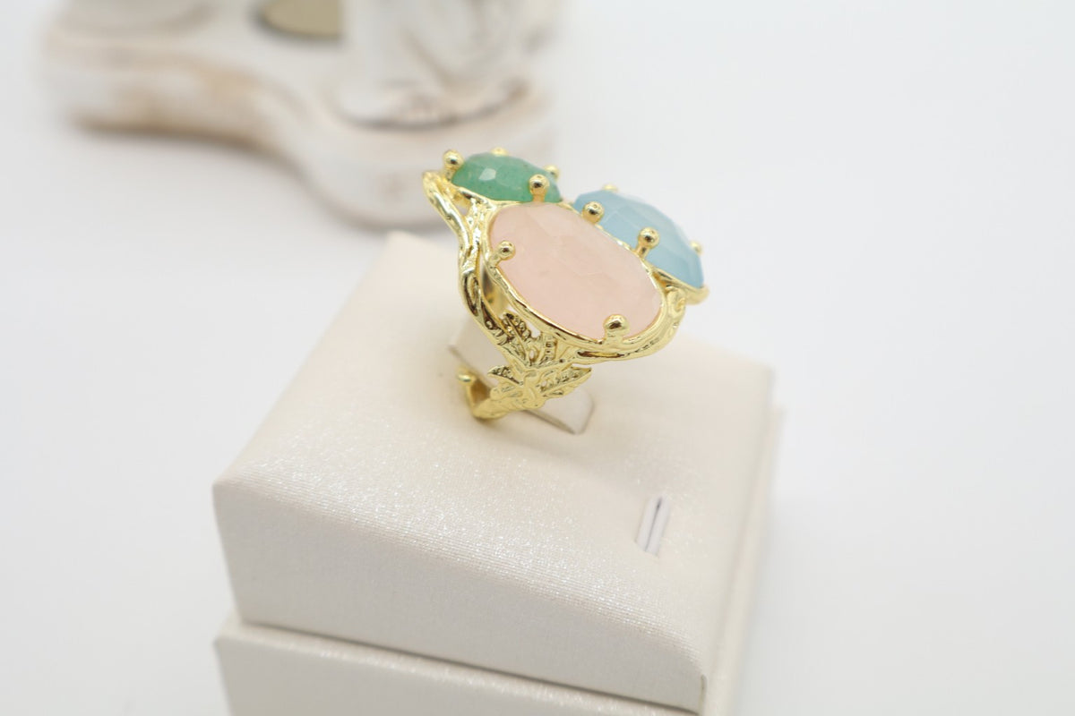 Anello Cocktail in Bronzo Dorato con Quarzo Rosa, Giada Celeste e Aventurina