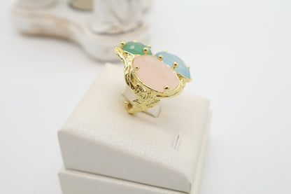Anello Cocktail in Bronzo Dorato con Quarzo Rosa, Giada Celeste e Aventurina