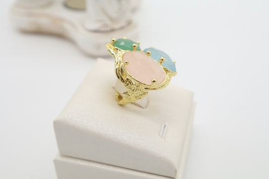 Anello Cocktail in Bronzo Dorato con Quarzo Rosa, Giada Celeste e Aventurina