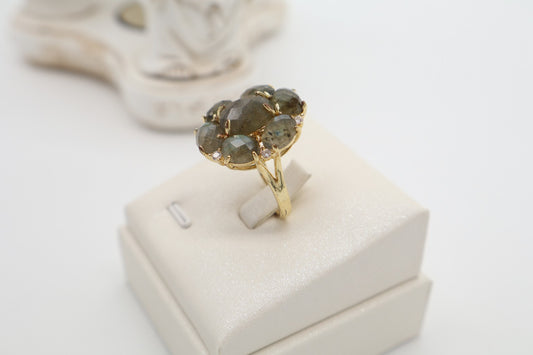 Anello Fiore in Bronzo Dorato con Labradorite Sfaccettata