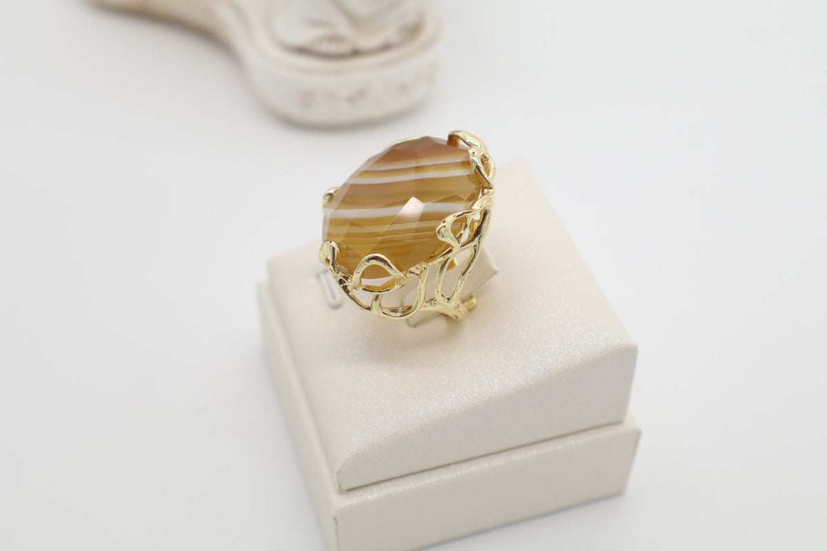 Anello Cocktail in Bronzo Dorato con Agata Miele Striata