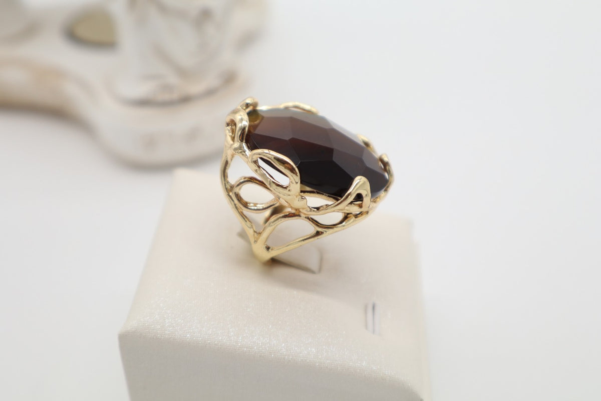 Anello Cocktail in Bronzo Dorato con Agata Marrone Striata