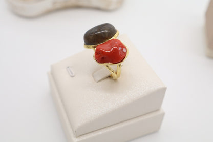 Bague en argent 925 doré avec labradorite et corail naturel