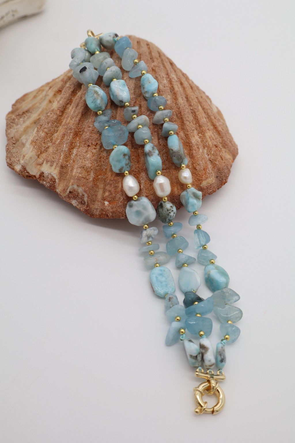 Bracciale Multifilo Acquamarina, Larimar e Perle di Fiume