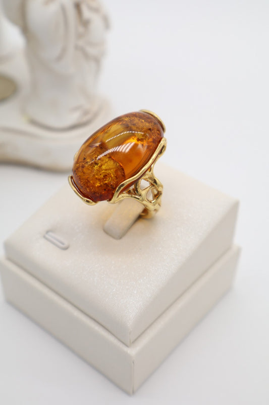 Anello in Argento 925 Placcato Oro con Ambra Baltica Color Miele – Regolabile