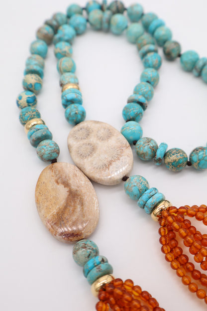 Collana Multifilo in Diaspro Imperiale, Corallo Fossile e Ambra – Argento 925 Dorato