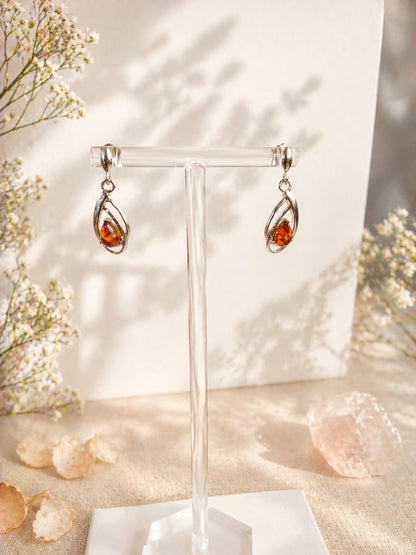 Boucles d'oreilles pendantes en argent 925 avec ambre de la Baltique en goutte
