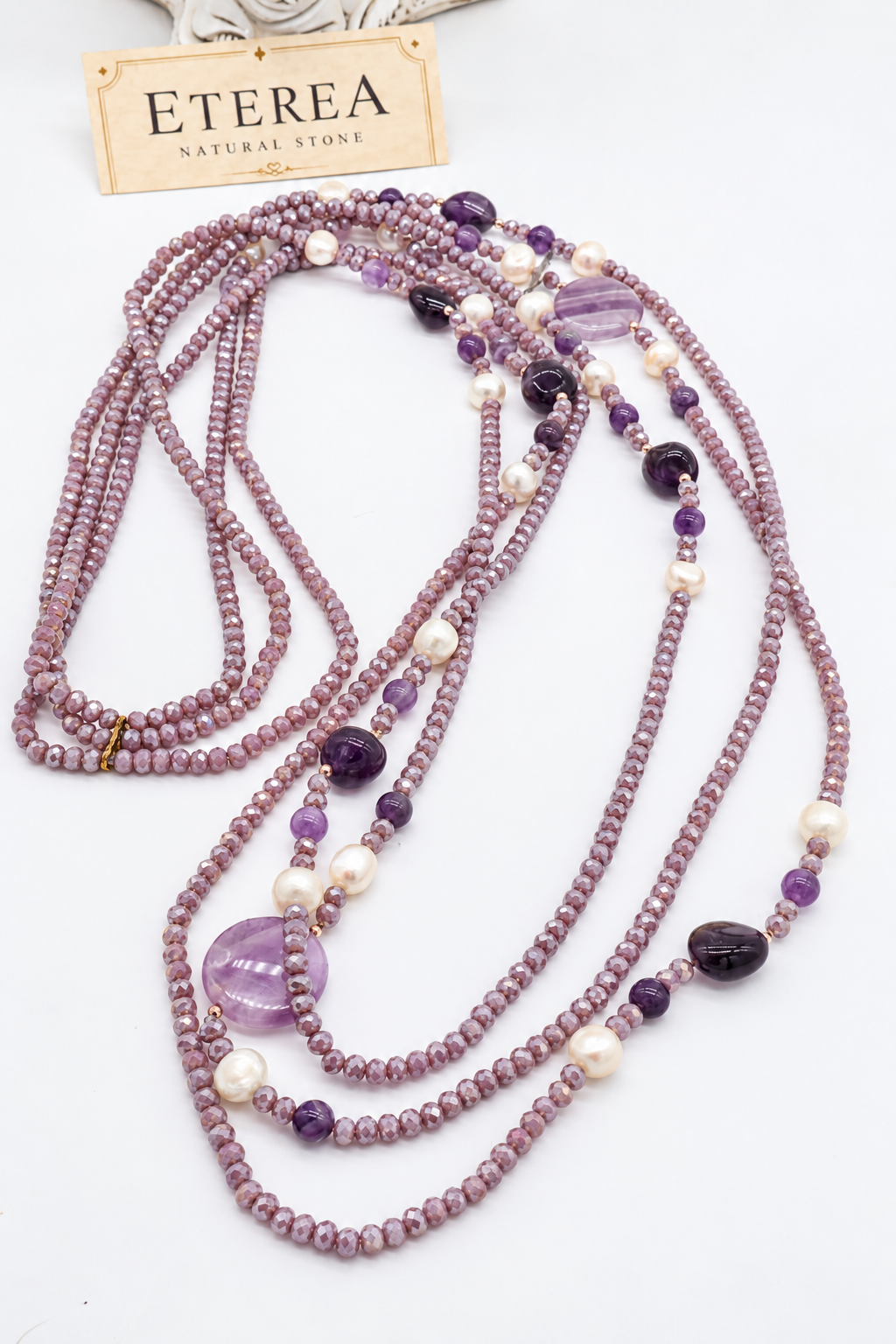 Collana Lunga Multifilo in Ametista, Cristalli Sfaccettati e Perle di Fiume – 100 cm