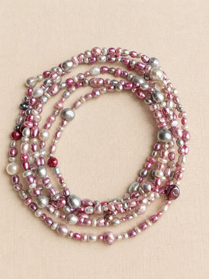Collana Lunga 160 cm in Perle di Fiume Irregolari Rosa, Avorio e Argento