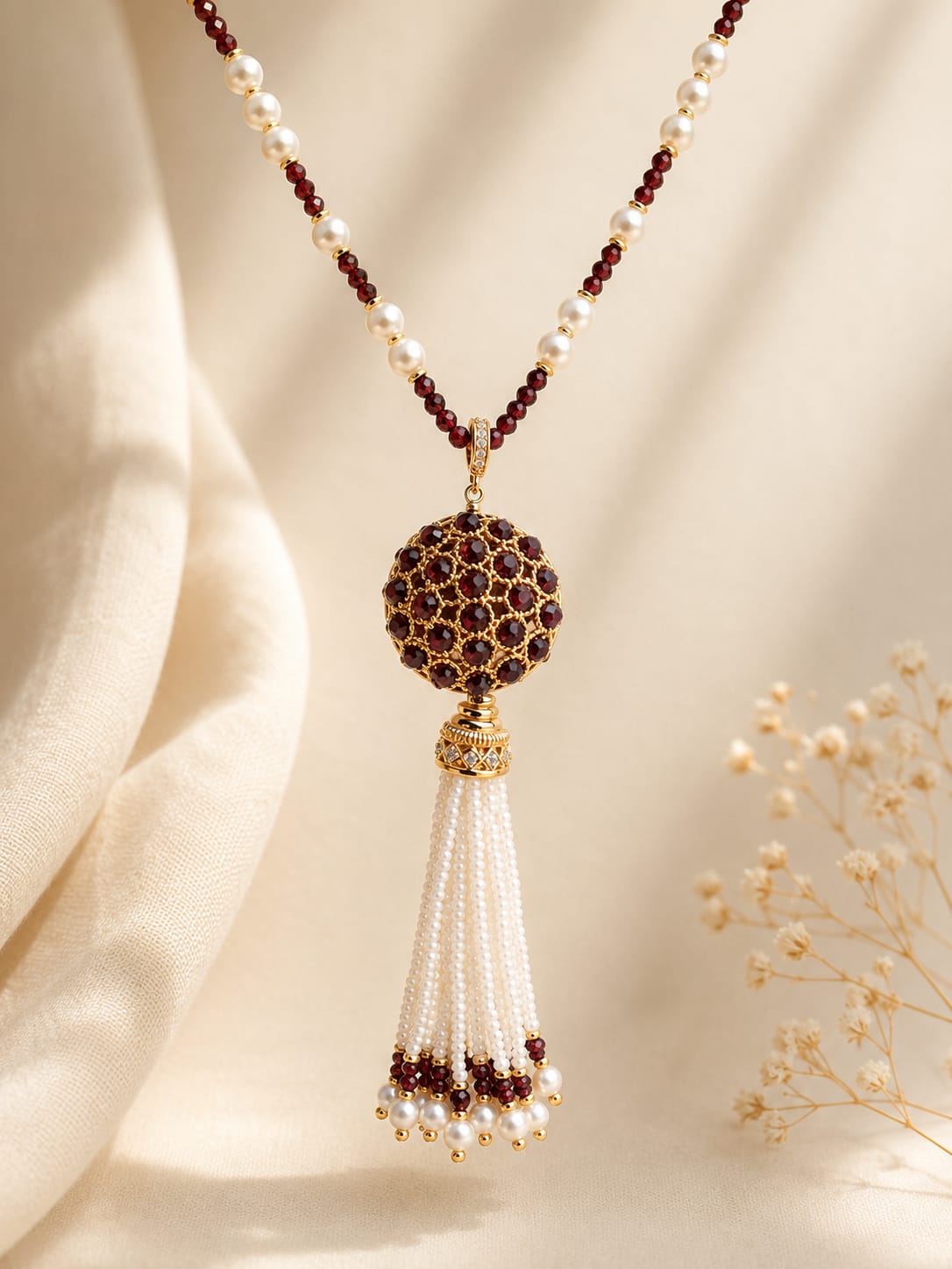 Collana Lunga con Perle di Majorca e Granato Sfaccettato con Pendente Nappina