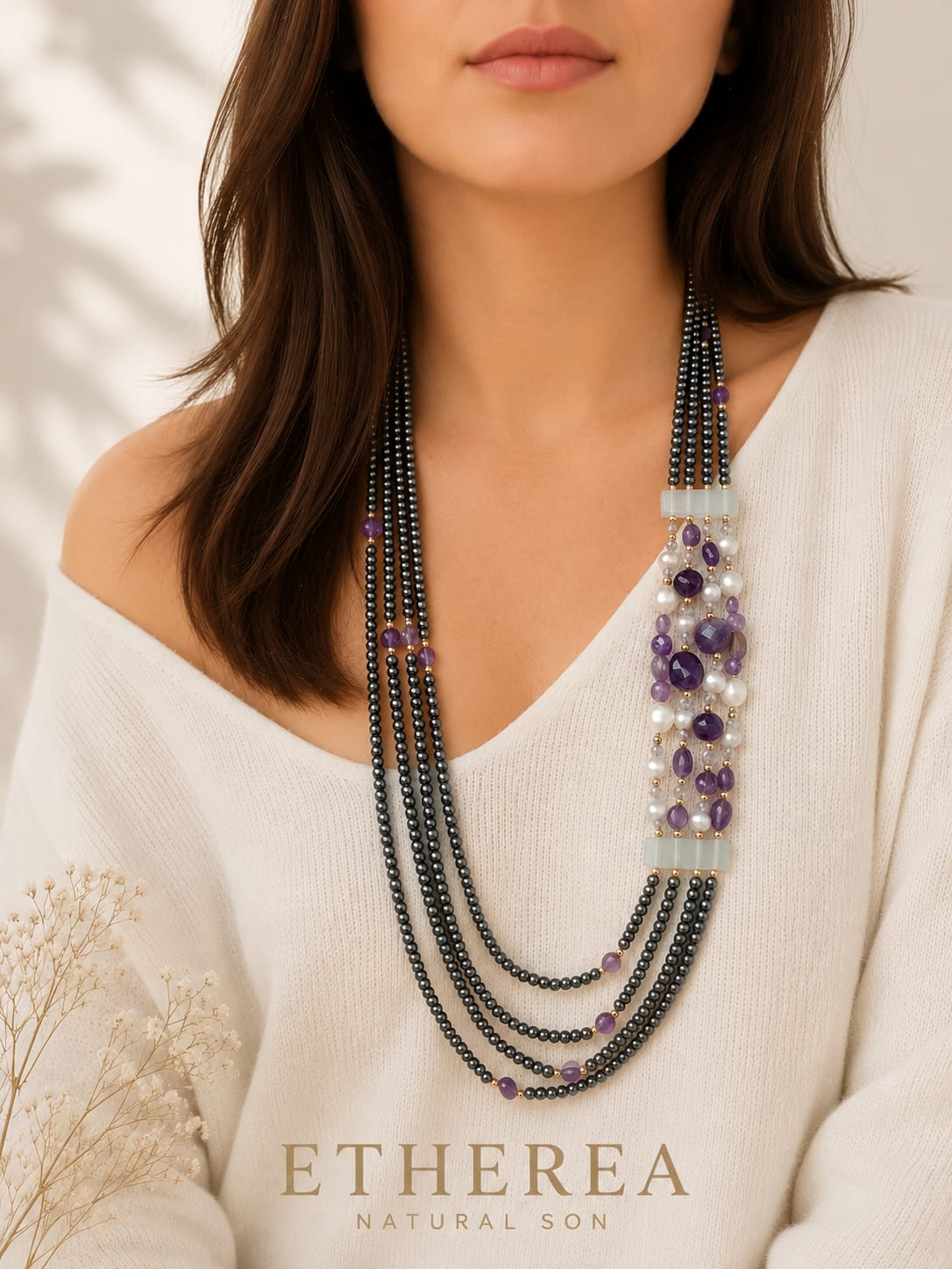 Collana Multifilo in Ematite con Ametista e Perle di Fiume – 90 cm