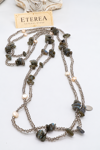 Collana Lunga 160 cm in Labradorite, Cristalli Sfaccettati e Perle Naturali Eterea Natural Stone