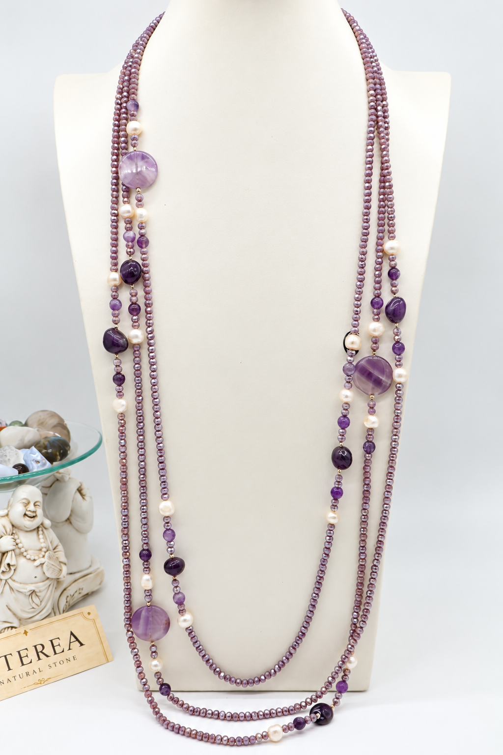 Collana Lunga Multifilo in Ametista, Cristalli Sfaccettati e Perle di Fiume – 100 cm