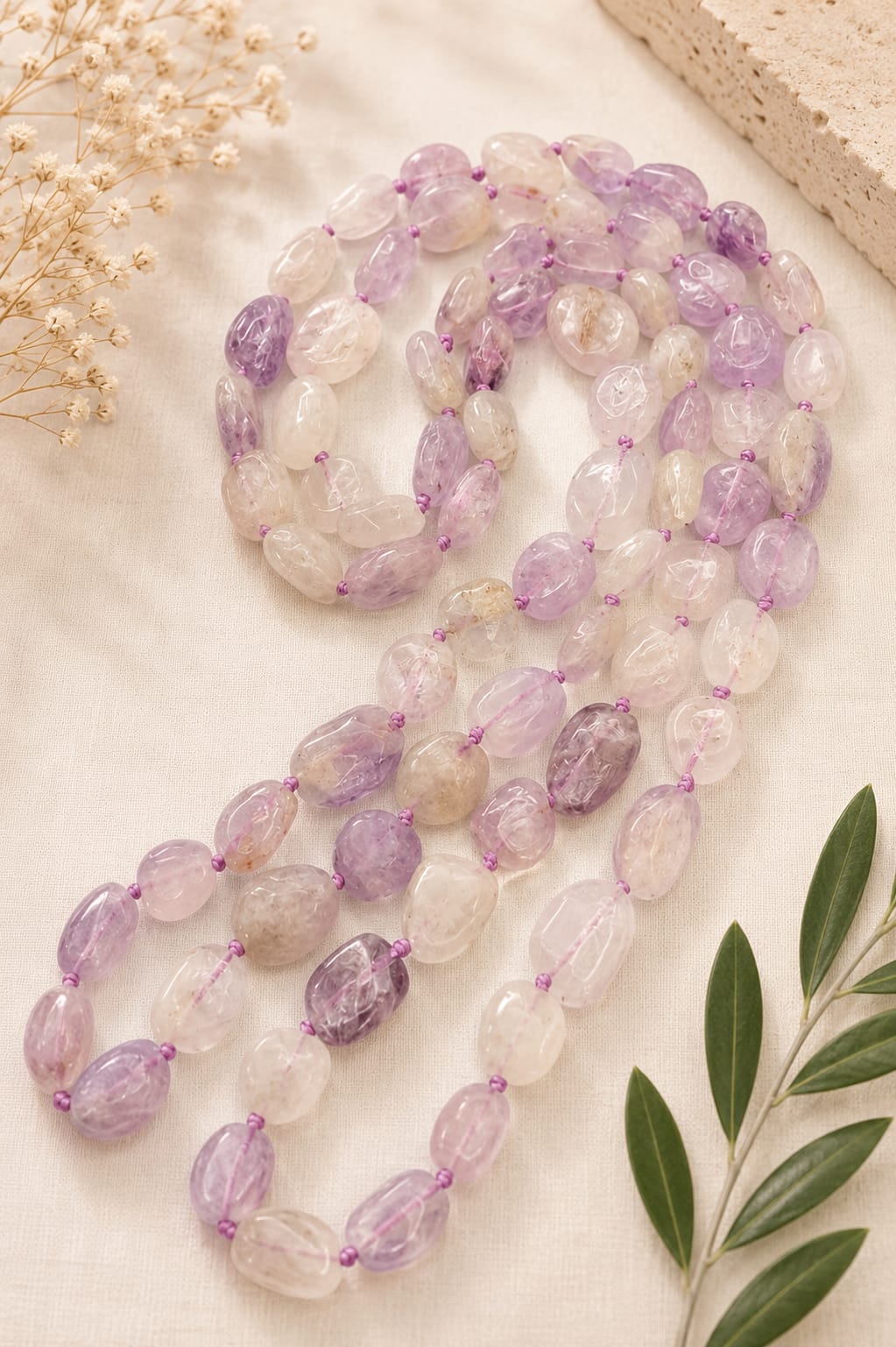 Collana Lunga 120 cm in Ametista Lavanda Naturale – Pepite Irregolari