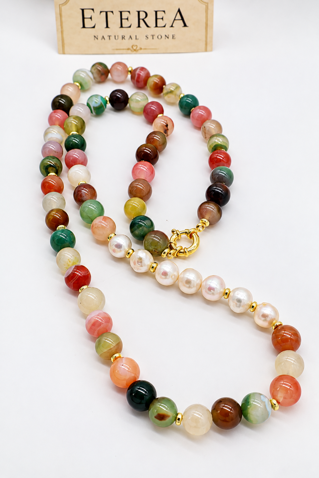 Collana lunga artigianale in Agata Floreale e Perle Edison con distanziatori dorati e chiusura in Argento 925 dorato, Eterea Natural Stone