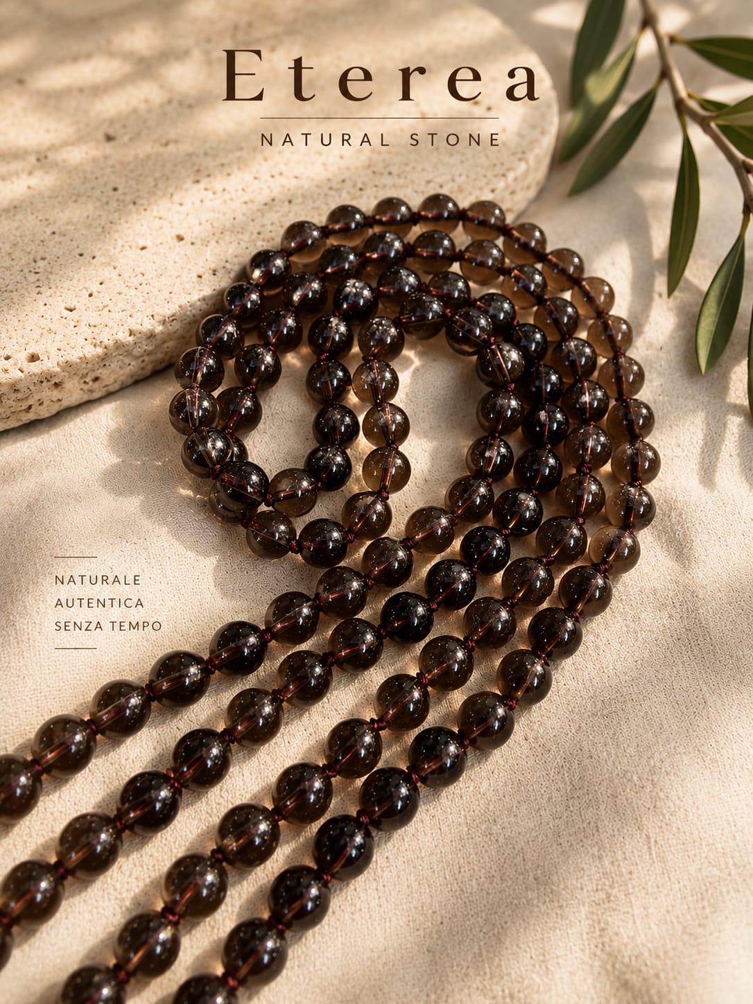 Collana Lunga in Quarzo Fumé Naturale 8 mm – Annodata a Mano – 120 cm