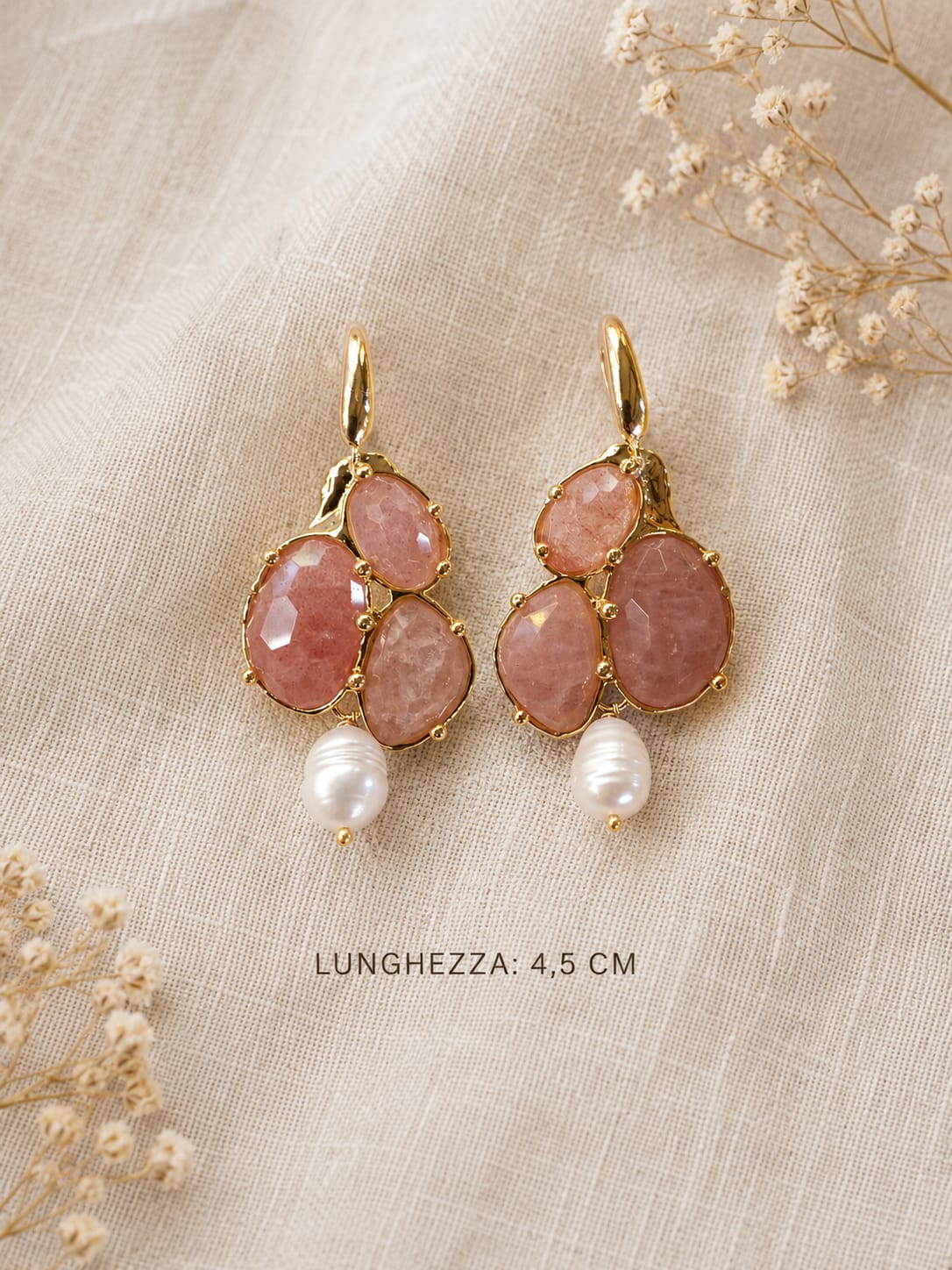 Orecchini Quarzo Rosa Fragola e Perla | Eterea