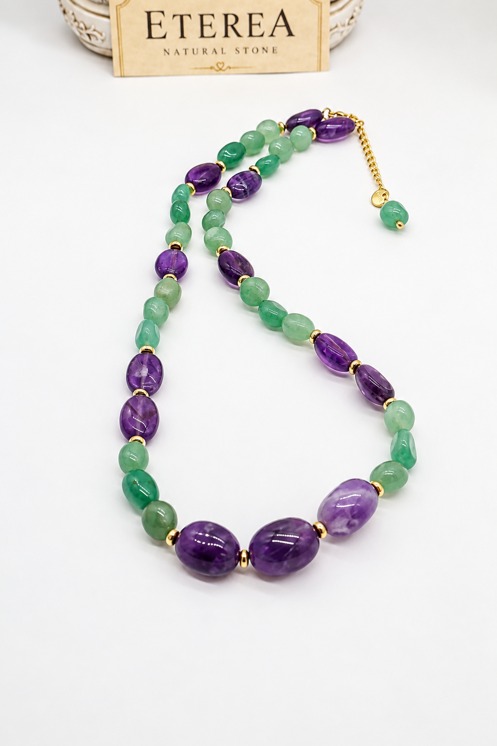 Collier Essential in Ametista e Avventurina naturale, con chiusura in acciaio dorato.