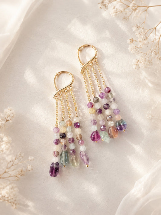 Orecchini pendenti in Fluorite Arcobaleno – Cascata di pietre naturali