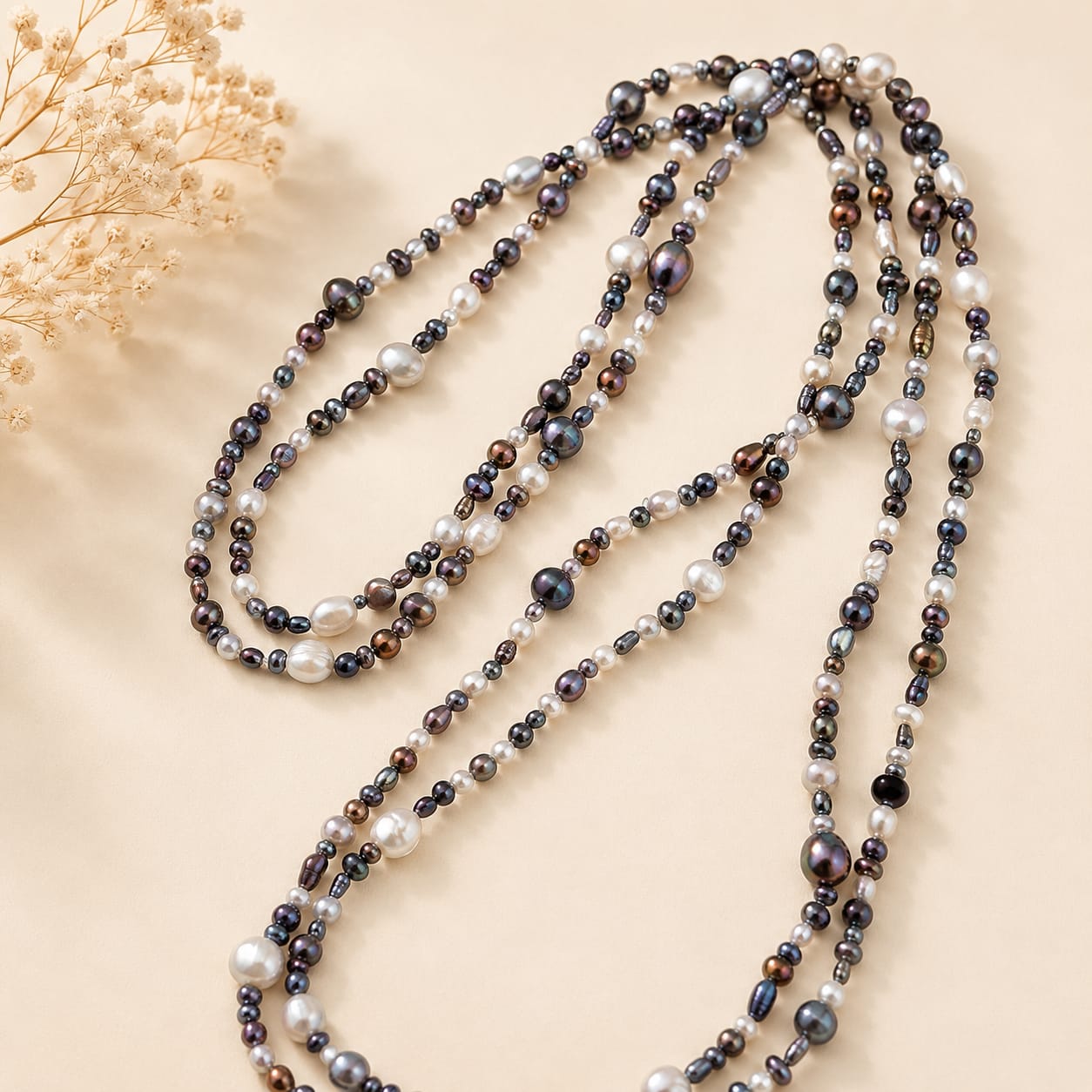 Collana Lunga 180 cm in Perle di Fiume Multicolore – Perle Naturali Irregolari