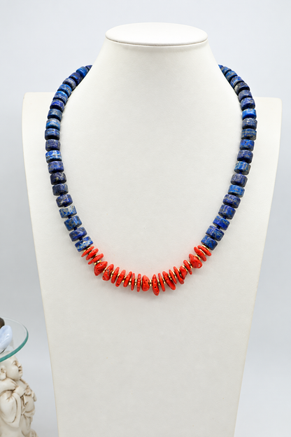 Collana in lapislazzuli e corallo rosso naturale, 60 cm, con chiusura in argento dorato