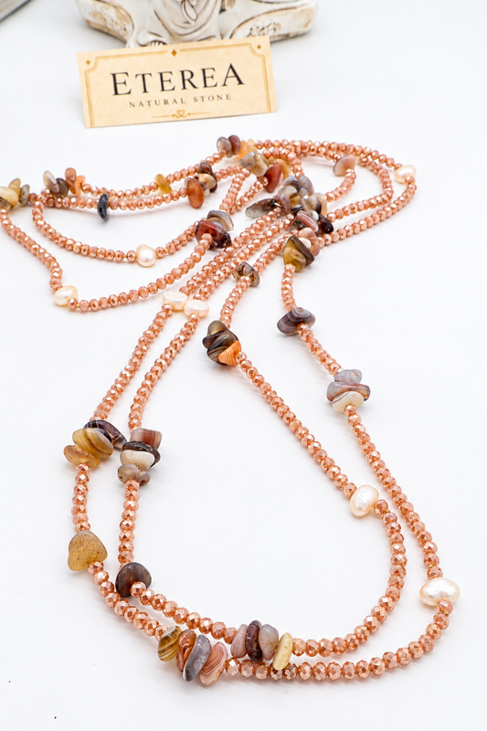 Collana lunga 160 cm in Agata Botswana, Cristalli Cipollotti Rosa e Perle d'Acqua Dolce