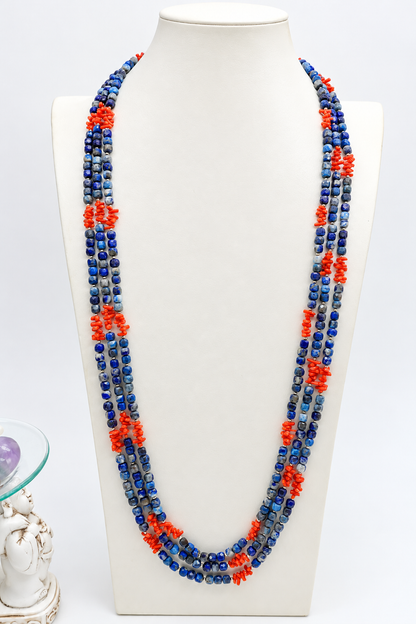 Collana Multifilo in Lapislazzuli, Corallo ed Ematite – 3 Fili