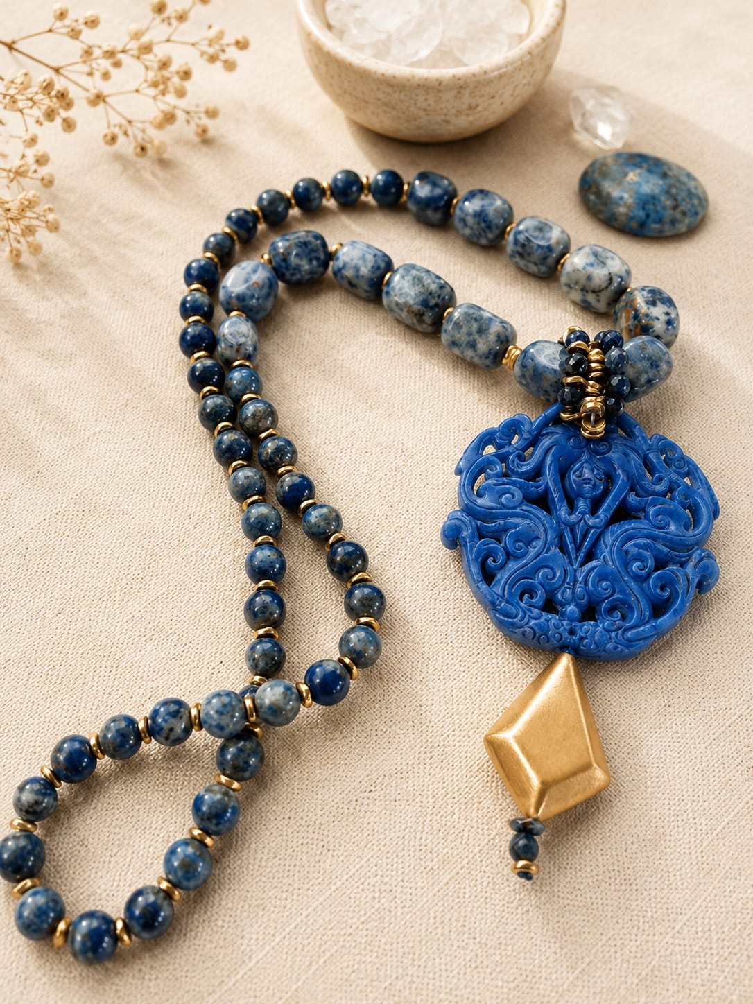 Collana lunga in Sodalite e Lapislazzuli con Grande Pendente Intagliato – Gioiello Artigianale Eterea Natural Stone