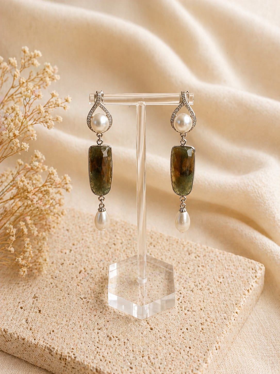 Orecchini Pendenti in Argento 925 con Zoisite e Perle di Fiume