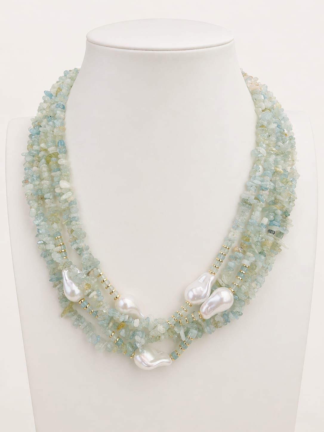 Collana Multi filo 5 Fili in Acquamarina e Perle Barocche
