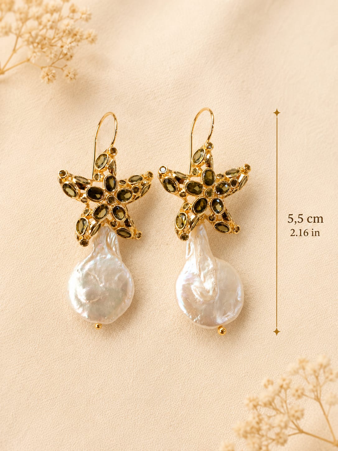 Orecchini Stella Marina con Perla Barocca Naturale – Orecchini Dorati Eleganti Stile Mare