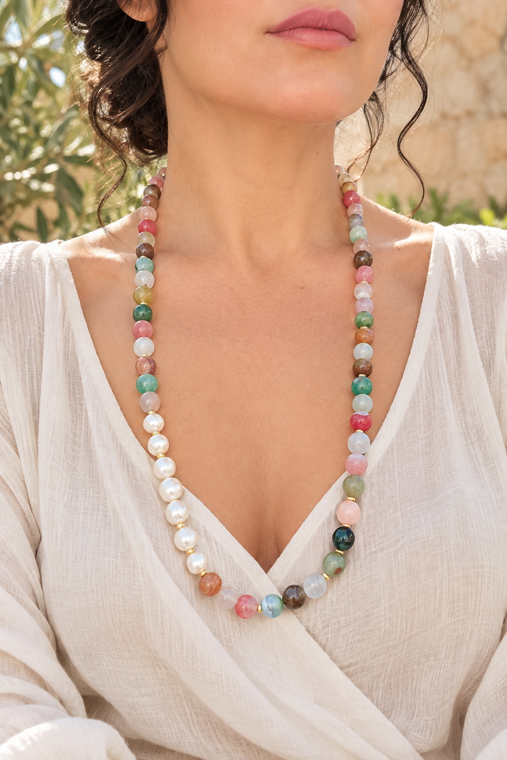 Collana lunga artigianale in Agata Floreale e Perle Edison con distanziatori dorati e chiusura in Argento 925 dorato, Eterea Natural Stone