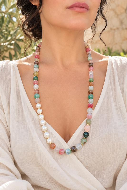 Collana lunga artigianale in Agata Floreale e Perle Edison con distanziatori dorati e chiusura in Argento 925 dorato, Eterea Natural Stone