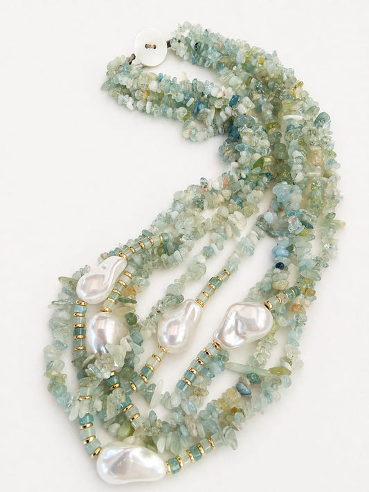 Collana Multi filo 5 Fili in Acquamarina e Perle Barocche