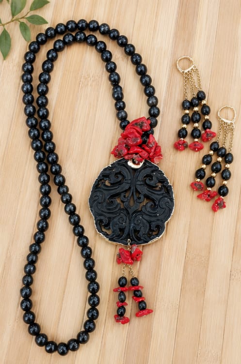 Set Collana e Orecchini in Ossidiana dorata e Corallo Naturale