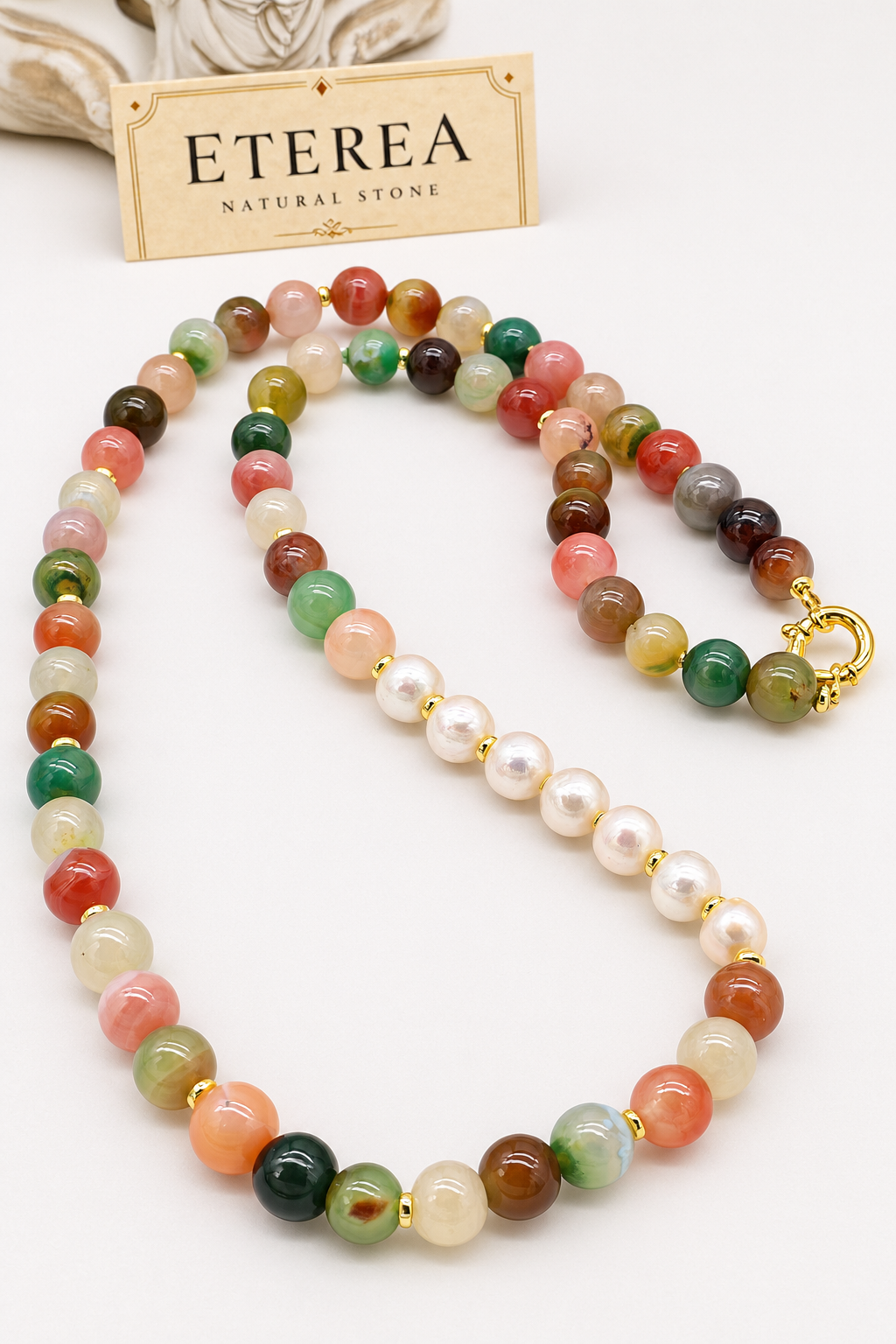 Collana lunga artigianale in Agata Floreale e Perle Edison con distanziatori dorati e chiusura in Argento 925 dorato, Eterea Natural Stone