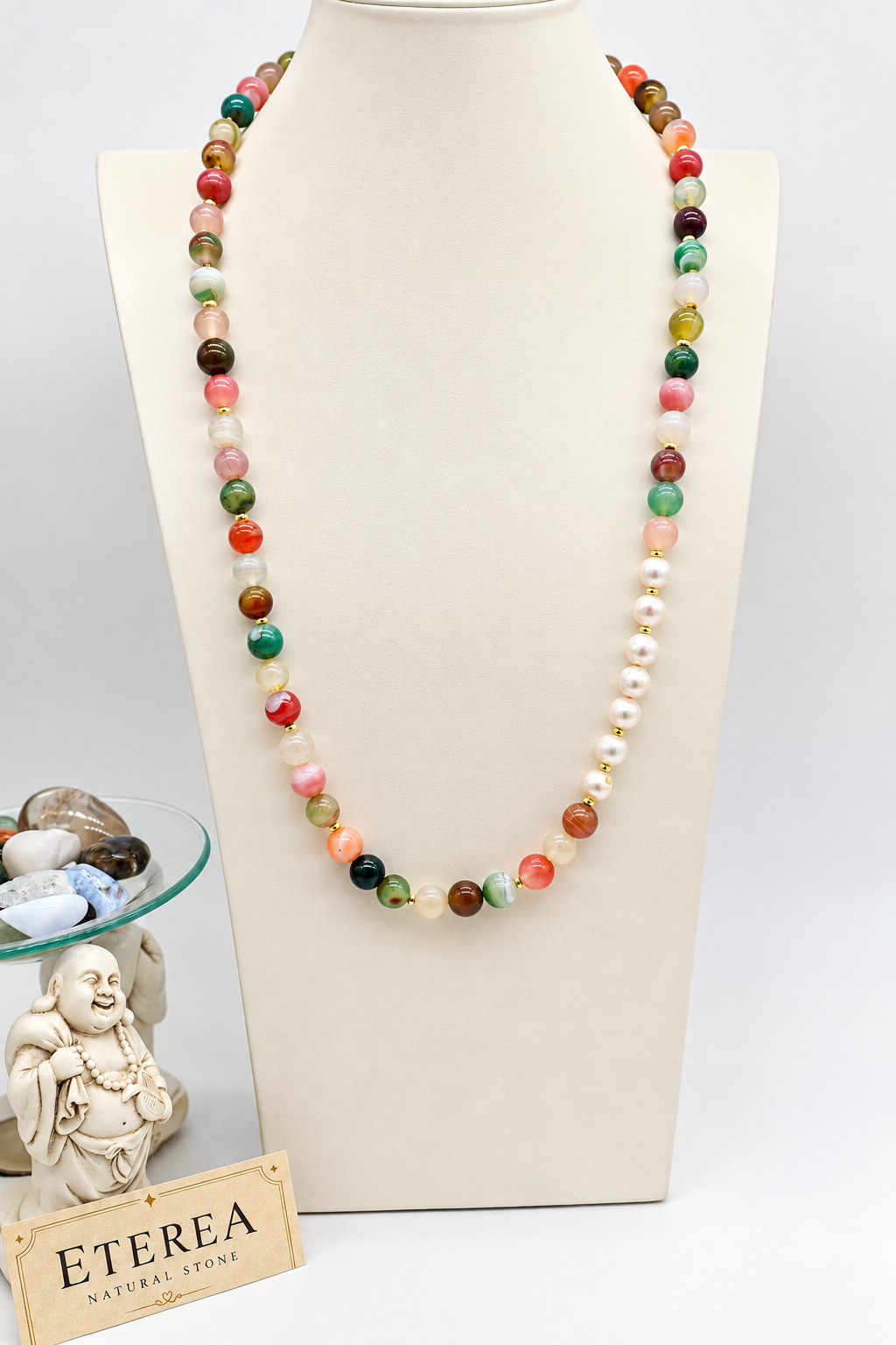 Collana lunga artigianale in Agata Floreale e Perle Edison con distanziatori dorati e chiusura in Argento 925 dorato, Eterea Natural Stone