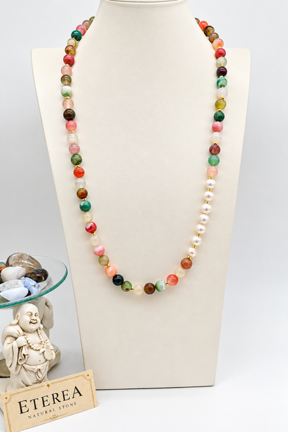 Collana lunga artigianale in Agata Floreale e Perle Edison con distanziatori dorati e chiusura in Argento 925 dorato, Eterea Natural Stone