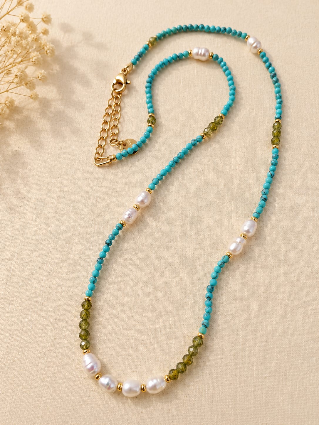 Collana Laguna – Turchese, Perle d'Acqua Dolce e Cristalli Verde Oliva