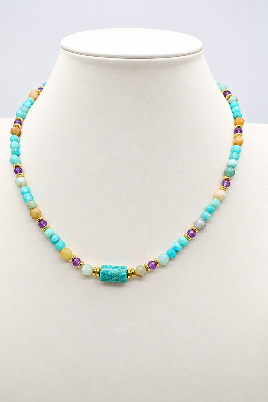 Collana Laguna in Amazzonite Multicolor e Ametista – 45 cm
