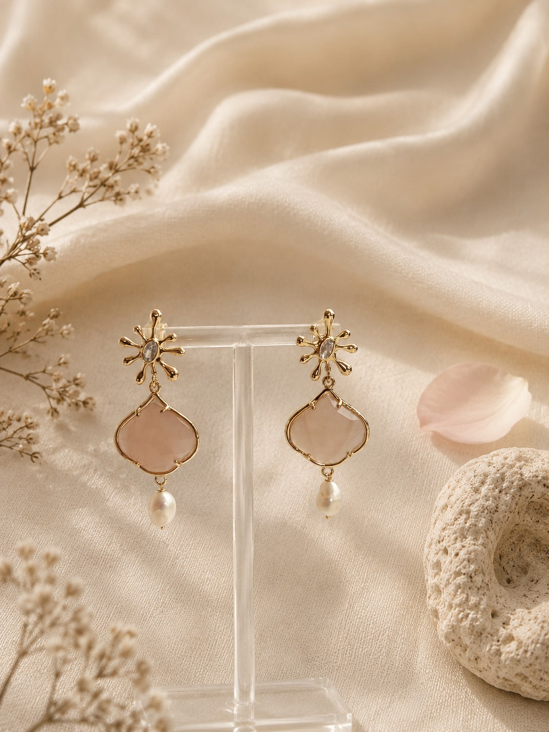 Orecchini Pietra di Luna Rosa & Perle di Fiume