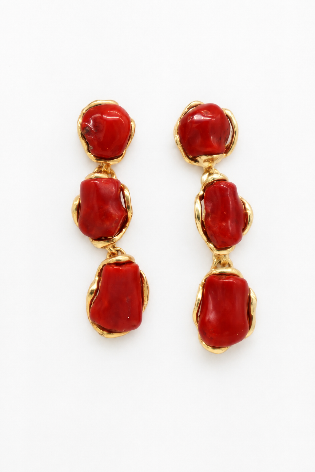 Orecchini in Argento 925 Placcato Oro con Corallo Naturale – 3 Elementi