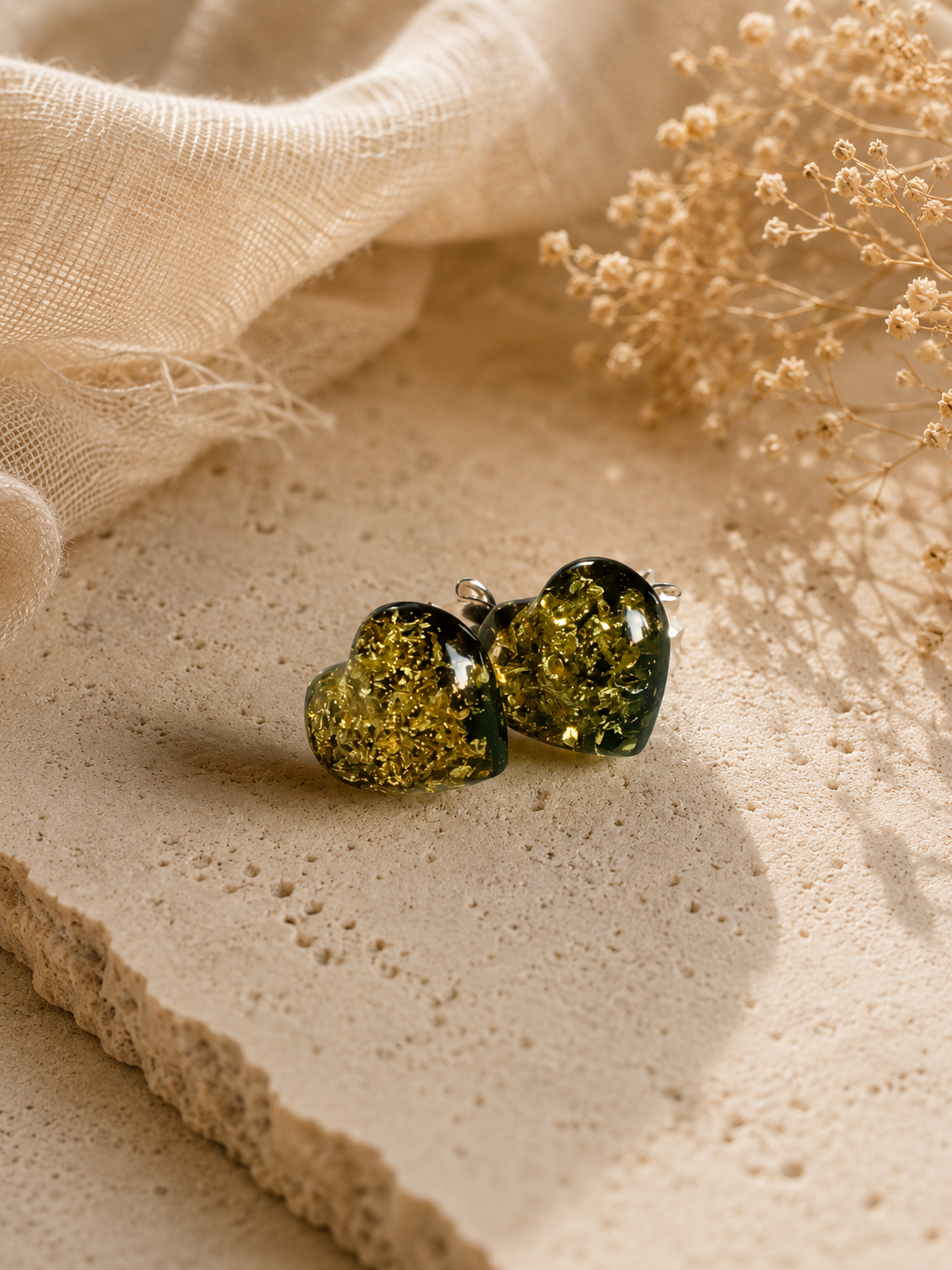 Orecchini a cuore in Ambra Baltica Verde e Argento 925