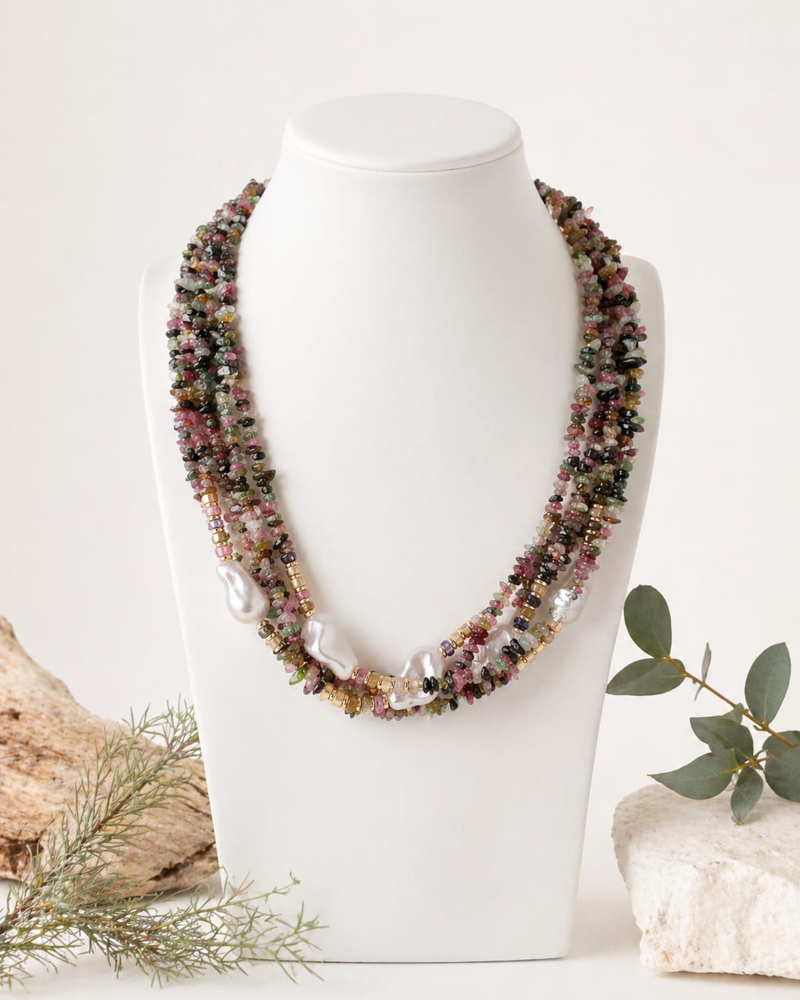 Collana multi filo in Tormalina Multi color con Perle Barocche – 55 cm