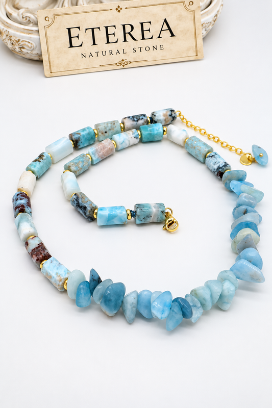 Girocollo Eterea in Larimar e Acquamarina naturale con distanziatori dorati