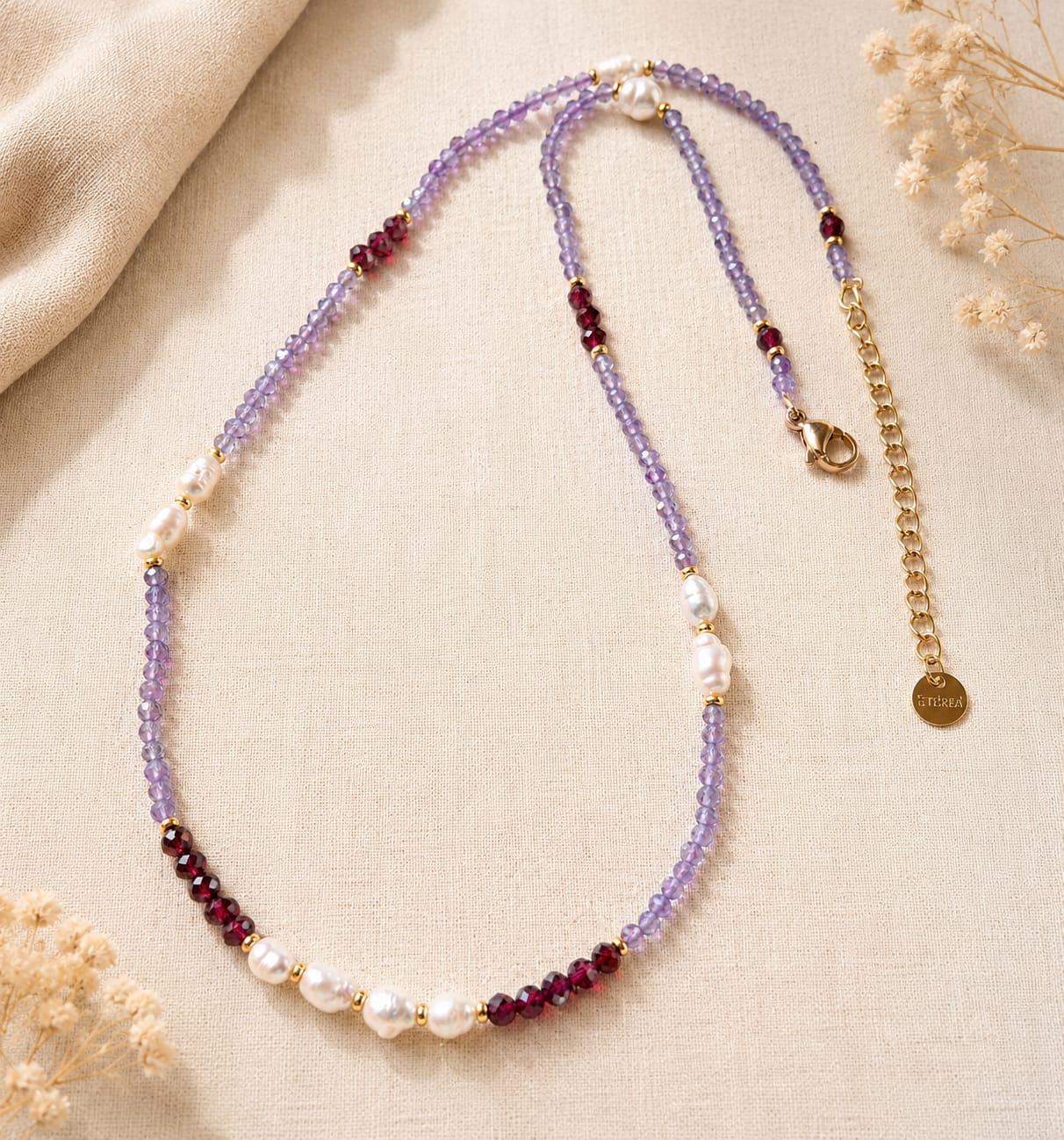 Girocollo Ametista, Granato e Perle d'Acqua Dolce – Argento Sterling Dorato