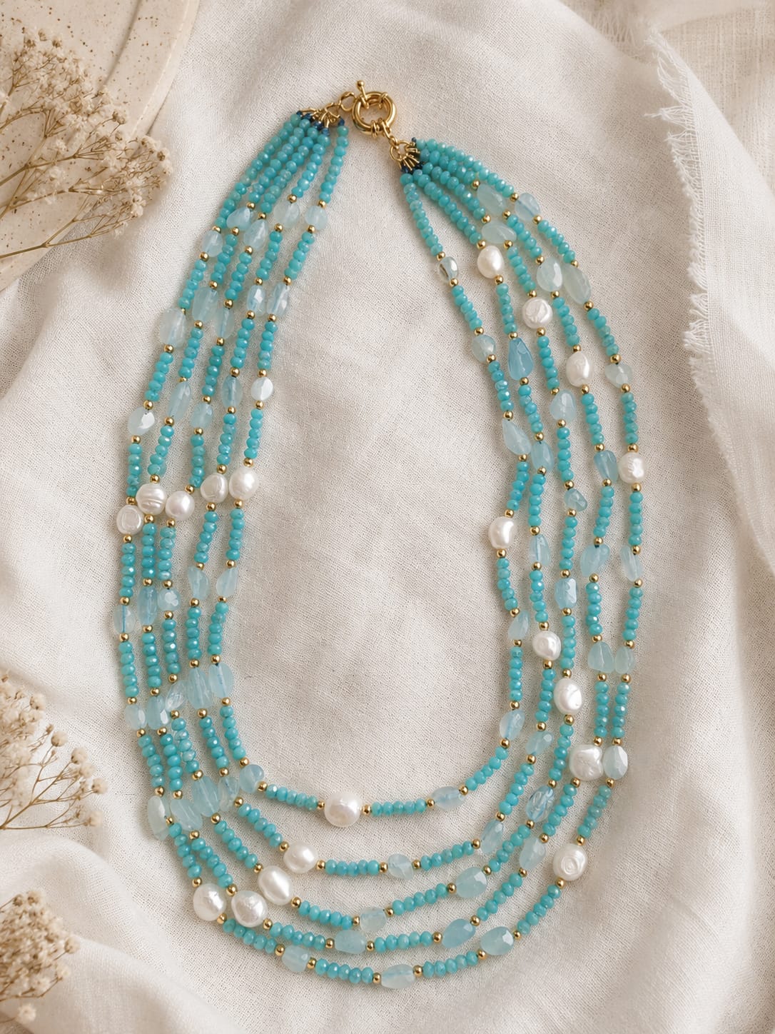 Collana Multifilo Acquamarina, Perle d'Acqua Dolce e Cristalli Azzurri | Eterea Natural Stone